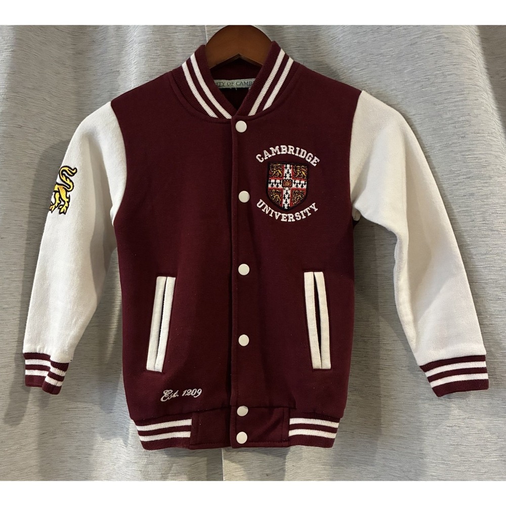 Cambridge University Youth Varsity Jacket Burgundy White Collegiate Size 5/6